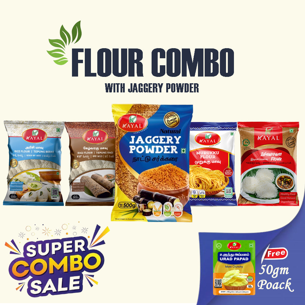Kayal Super sale image of a flour combo (rice,ragi,murukku,idiyappam)with jaggery powder and free urad papad pack