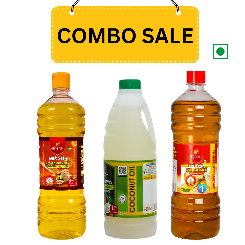 Kayal cold pressed cooking oils combo including sesame oil, groundnut oil and coconut oil for healthy cooking. Each 1 litre.