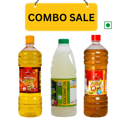 Kayal cold pressed cooking oils combo including sesame oil, groundnut oil and coconut oil for healthy cooking. Each 1 litre.