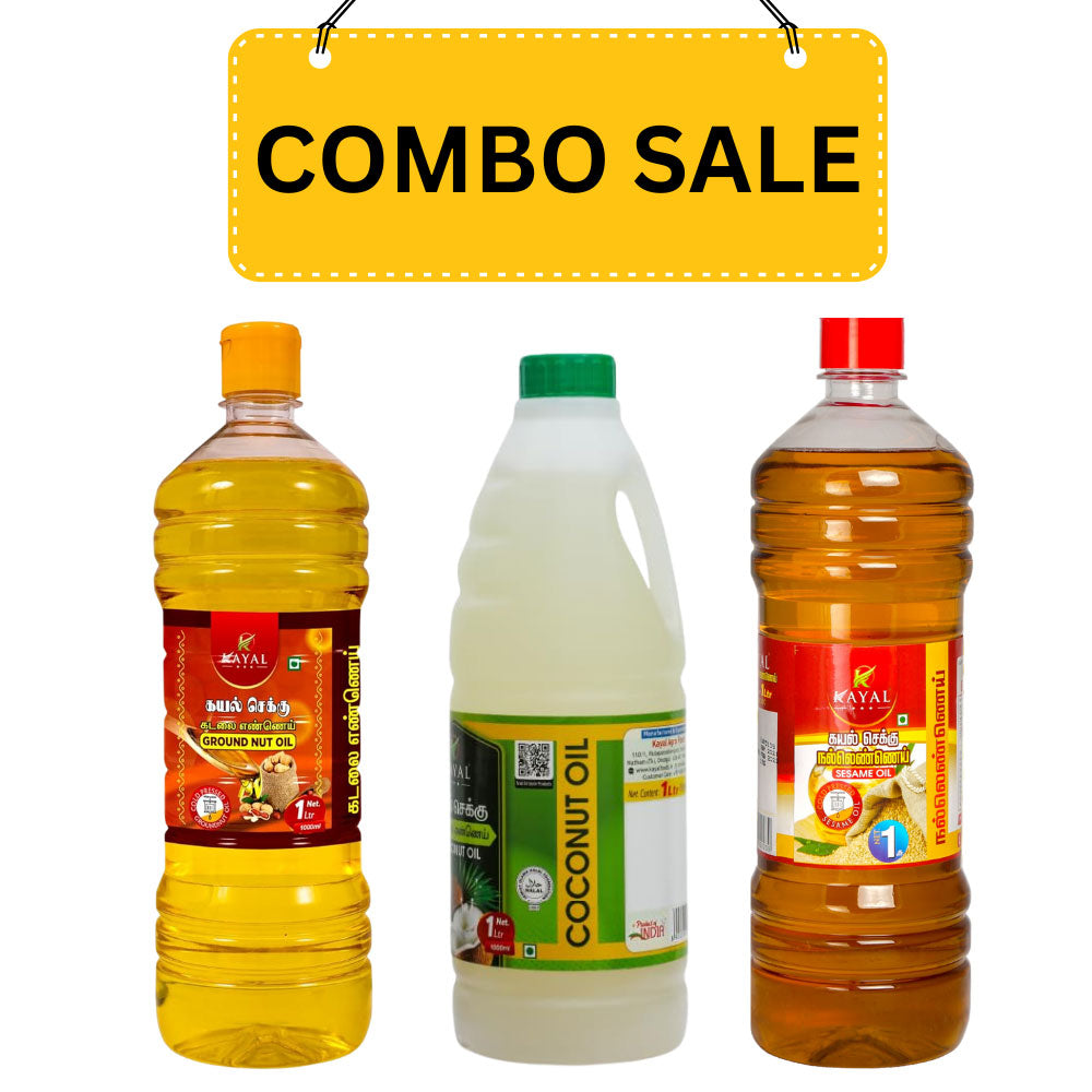 kayal cold pressed oil combo offer including sesame oil, groundnut oil and coconut oil - each 1 litre